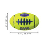 Neo Yellow football-shaped dog toy with purple stripes and purple oval center. Shown with product dimensions