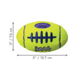 Neo Yellow football-shaped dog toy with purple stripes and purple oval center. Shown with product dimensions