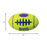 Neo Yellow football-shaped dog toy with purple stripes and purple oval center. Shown with product dimensions