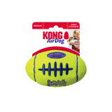 Neo Yellow football-shaped dog toy with purple stripes and purple oval center. Shown in its retail packaging.