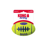 Neo Yellow football-shaped dog toy with purple stripes and purple oval center. Shown in its retail packaging.