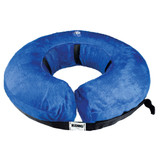Blue circular plush inflated collar with attached black strap.