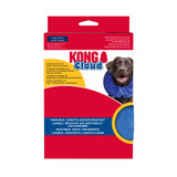 Blue circular plush inflated collar with attached black strap. Shown in its retail packaging.