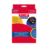 Blue circular plush inflated collar with attached black strap. Shown in its retail packaging.