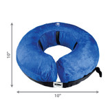 Blue circular plush inflated collar with attached black strap. Shown with product dimensions