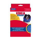 Blue circular plush inflated collar with attached black strap. Shown in its retail packaging.