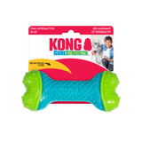 Blue bone-shaped dog toy with green ends. Shown in its retail packaging.
