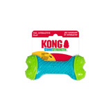 Blue bone-shaped dog toy with green ends. Shown in its retail packaging.