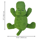 Green alligator-shaped dog toy with soft plush material. Shown with product dimensions