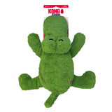 Green alligator-shaped dog toy with soft plush material. Shown in its retail packaging.