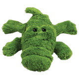 Green alligator-shaped dog toy with soft plush material.