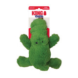 Green alligator-shaped dog toy with soft plush material. Shown in its retail packaging.