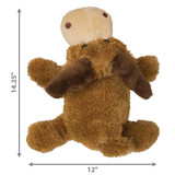 Brown and beige moose-shaped toy with small antlers and soft body. Shown with product dimensions