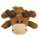 Brown and beige moose-shaped toy with small antlers and soft body.