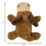 Brown and beige moose-shaped toy with small antlers and soft body. Shown with product dimensions