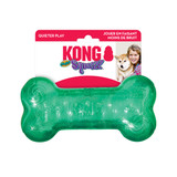 Green bone-shaped dog toy with textured ridges. Shown in its retail packaging.