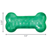 Green bone-shaped dog toy with textured ridges. Shown with product dimensions