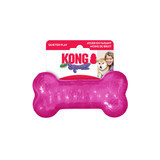 Pink  bone-shaped dog toy with textured ridges. Shown in its retail packaging.