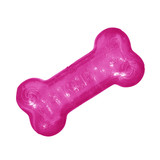 Pink  bone-shaped dog toy with textured ridges.