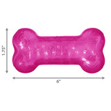 Pink  bone-shaped dog toy with textured ridges. Shown with product dimensions