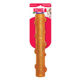 Orange stick-shaped dog toy with grip texture. Shown in its retail packaging.