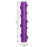 Orange stick-shaped dog toy with grip texture. Shown with product dimensions