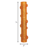 Orange stick-shaped dog toy with grip texture. Shown with product dimensions