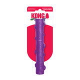 Orange stick-shaped dog toy with grip texture. Shown in its retail packaging.