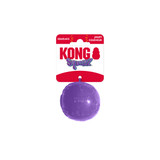 Blue natural rubber ball dog toy with smooth surface. Shown in its retail packaging.