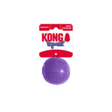 Blue natural rubber ball dog toy with smooth surface. Shown in its retail packaging.