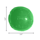 Blue natural rubber ball dog toy with smooth surface. Shown with product dimensions