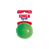 Blue natural rubber ball dog toy with smooth surface. Shown in its retail packaging.