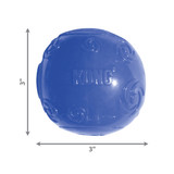 Blue natural rubber ball dog toy with smooth surface. Shown with product dimensions