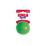 Blue natural rubber ball dog toy with smooth surface. Shown in its retail packaging.