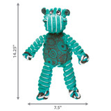 Green and blue striped hippo shaped plush toy with long flexible limbs. Shown with product dimensions