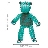 Green and blue striped hippo shaped plush toy with long flexible limbs. Shown with product dimensions