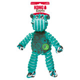 Green and blue striped hippo shaped plush toy with long flexible limbs. Shown in its retail packaging.