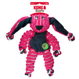 Pink and black striped plush rabbit shaped toy with long dangling limbs. Shown in its retail packaging.