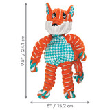 Orange and blue striped fox shaped plush toy with floppy limbs. Shown with product dimensions