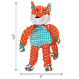 Orange and blue striped fox shaped plush toy with floppy limbs. Shown with product dimensions