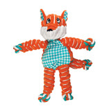 Orange and blue striped fox shaped plush toy with floppy limbs.