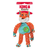 Orange and blue striped fox shaped plush toy with floppy limbs. Shown in its retail packaging.