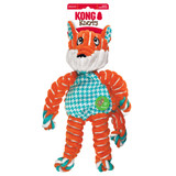 Orange and blue striped fox shaped plush toy with floppy limbs. Shown in its retail packaging.