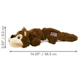 Plush squirrel dog toy with flat tail and stitched details. Shown with product dimensions
