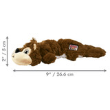 Plush squirrel dog toy with flat tail and stitched details. Shown with product dimensions