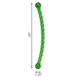 Green twisted hard dog toy with balled handle.  Shown with product dimensions