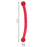 Red twisted hard dog toy with balled handle.  Shown with product dimensions