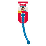 Red twisted hard dog toy with balled handle.  Shown in its retail packaging.