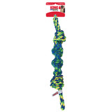 Pink and orange twisted rope dog toy with knotted ends and chewable texture. Shown in its retail packaging.