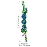 Pink and orange twisted rope dog toy with knotted ends and chewable texture. Shown with product dimensions